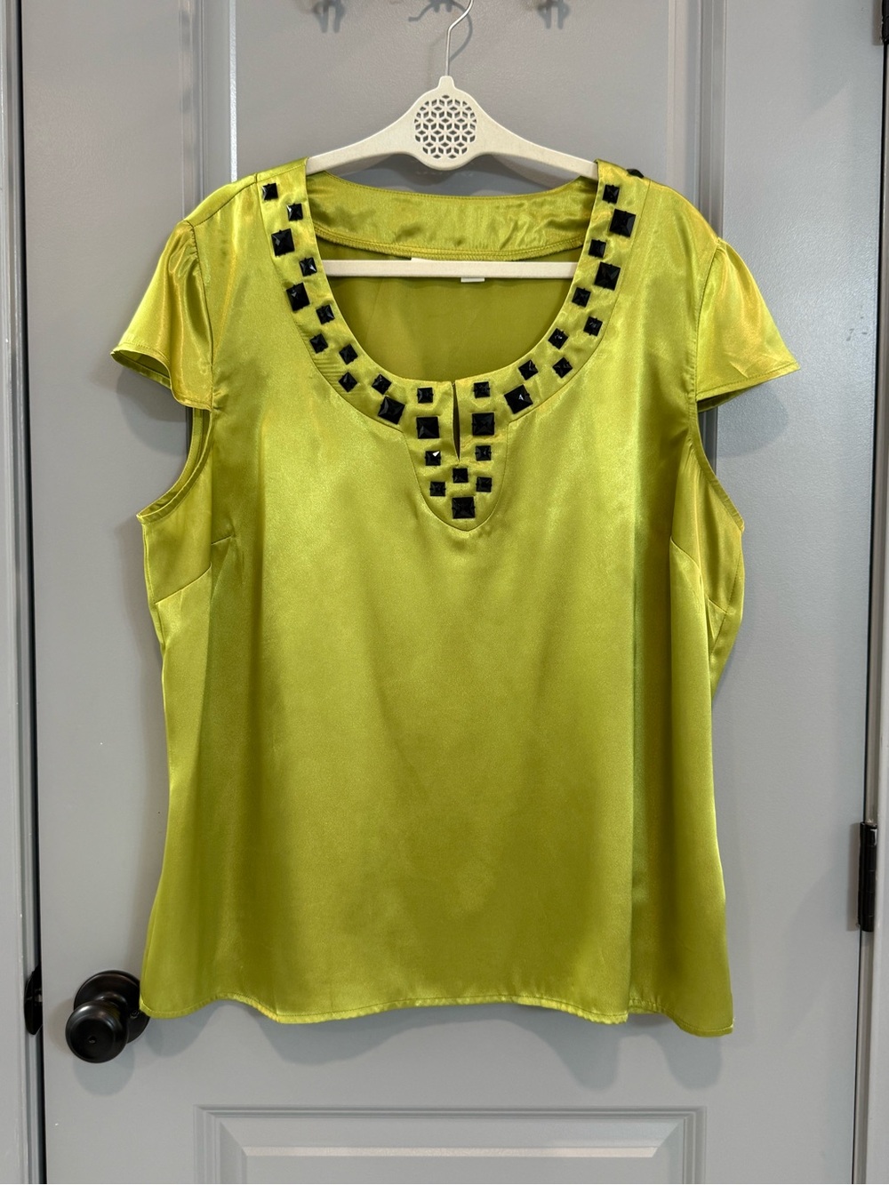 Cato Bright Lime Green Short Sleeve Beaded Scoop Neck Blouse